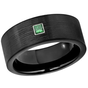 Custom-made 0.10ct Princess Cut Emerald May Birthstone Cobalt Ring, Brushed Black Pipe Cut Cobalt Wedding Band, 9mm Anniversary Band