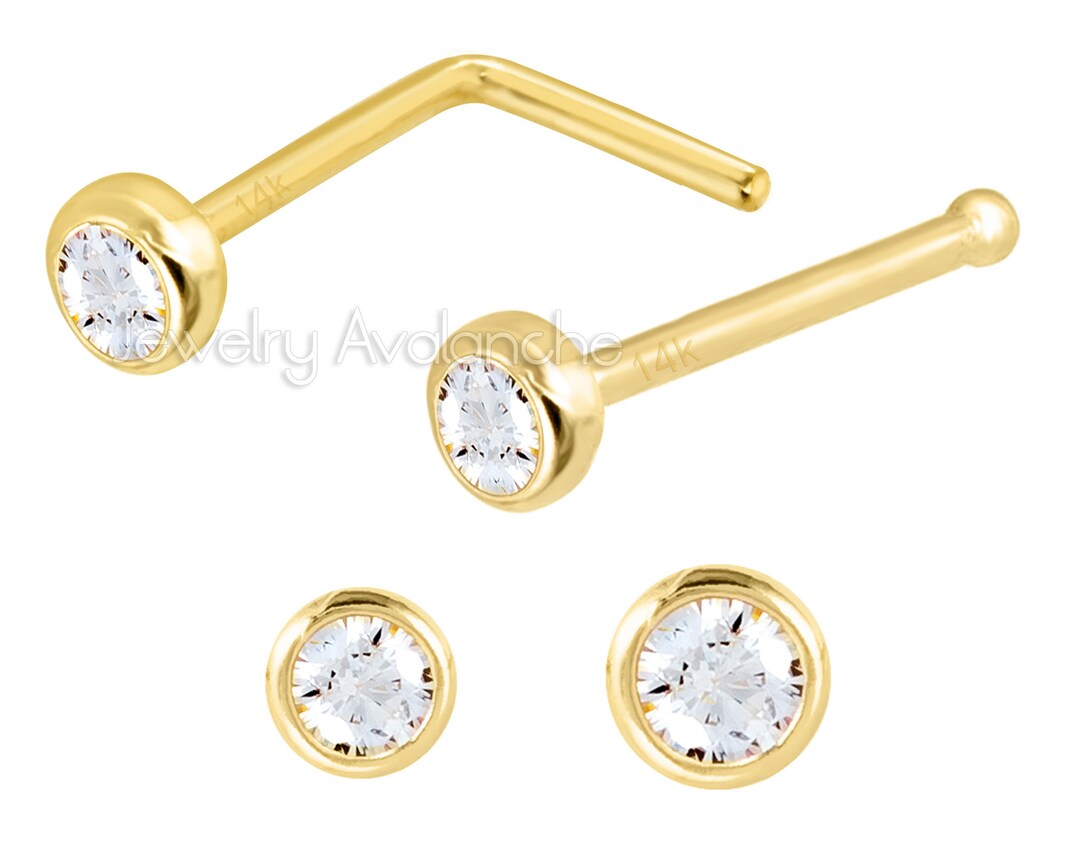 Solid 14kt Yellow Gold Nose Bone / Lshape Stud With Bezel Set CZ, 22G