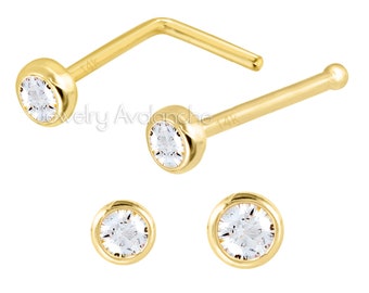 Solid 14kt Yellow Gold Nose Bone / L-Shape Stud with Bezel Set CZ, 22G Ball End Nose Stud, Unisex Nose Piercing Jewelry