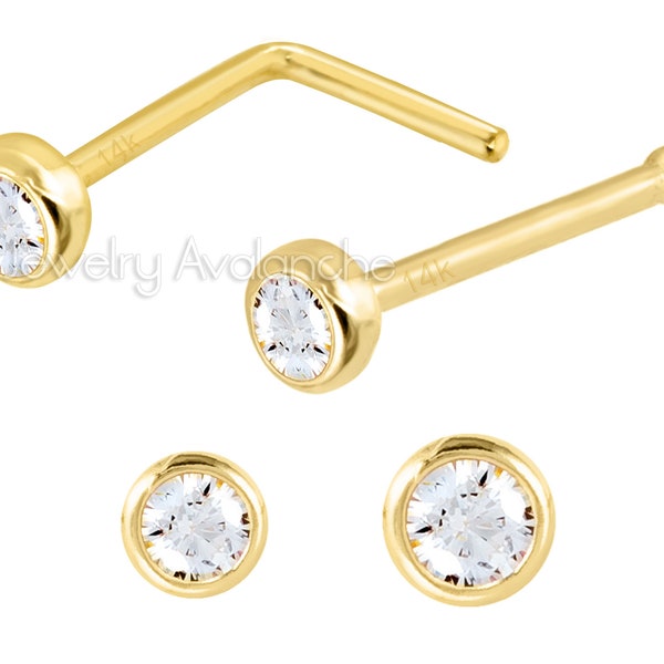 Solid 14kt Yellow Gold Nose Bone / L-Shape Stud with Bezel Set CZ, 22G Ball End Nose Stud, Unisex Nose Piercing Jewelry