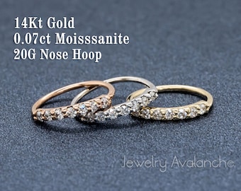 0.07ct Moissanite Nose Hoop, Solid 14kt Yellow Gold Nose Ring, 20G (0.8mm) Nose Hoop Ring, Nostril Ring, Cartilage Helix Ring, Tragus Ring