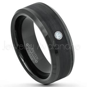 March Birthstone Ring, Mens Black Tungsten Ring, 0.07ct Aquamarine Ring, 8mm Black IP Beveled Edge Comfort Fit Tungsten Wedding Band