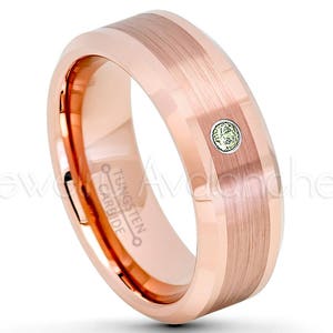 Rose Gold Tungsten Ring, 0.07ct Men&#39;s Peridot Ring, August Birthstone Ring, 8mm Beveled Edge Comfort Fit Tungsten Wedding Band TN732BS