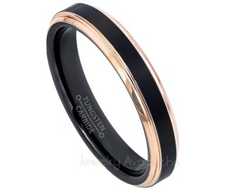 Alliance en tungstène IP noir et or rose de 4 mm - Bague en carbure de tungstène avec finition mate, ajustement confortable, bague d'anniversaire unisexe en tungstène