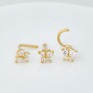 20G Solid 14K Gold Butterfly Nose Stud CZ Accented Nose Ring, Nose Screw Stud, Nose Bone Stud, L-Shape Nose Stud, Nose Piercing Jewelry