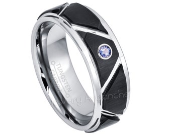2-Tone Grooved Tungsten Ring, Men&#39;s Tanzanite Ring, Custom Made Tungsten Birthstone Ring, Comfort Fit Tungsten Wedding Band TN700BS