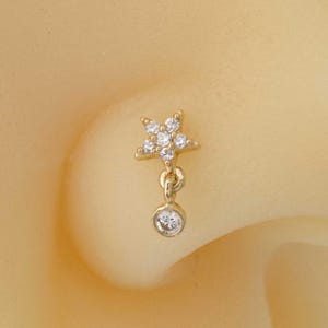 Solid 14K Gold Star L-Shape Nose Stud Dangling Bezel CZ Accent, 20G L-bend Nose Ring Stud, Nose Piercing Jewelry, Nose Dangle Star Nose Ring