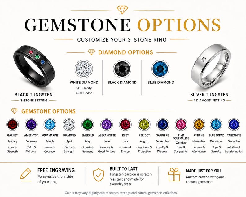 Puede incluir: Una tabla de opciones de piedras preciosas para un anillo personalizado con un anillo de tungsteno negro de 3 piedras y un anillo de tungsteno plateado de 1 diamante. La tabla muestra opciones de diamantes y piedras como granate, amatista, aguamarina, diamante, esmeralda, alejandrita, rub&iacute;, peridoto, zafiro, turmalina rosa, citrino, topacio azul y tanzanita con sus meses y significados.