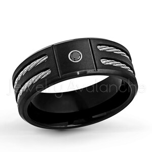 Men&#39;s 0.07ctw Black Diamond Solitaire Titanium Ring, Brushed Finish Black IP w/ Double Cable Accent Comfort Fit Titanium Band, TM553BD
