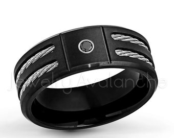 Men's 0.07ctw Black Diamond Solitaire Titanium Ring, Brushed Finish Black IP w/ Double Cable Accent Comfort Fit Titanium Band, TM553BD
