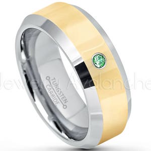 2-Tone Tungsten Wedding Band, 0.07ct Mens Emerald Ring, May Birthstone Ring, 8mm Comfort Fit Beveled Edge Tungsten Anniversary Ring TN024BS