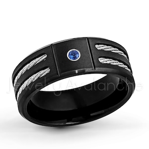 Men&#39;s 0.07ctw Blue Sapphire Solitaire Titanium Ring, Brushed Finish Black IP w/ Double Cable Accent Comfort Fit Titanium Band, TM553SP