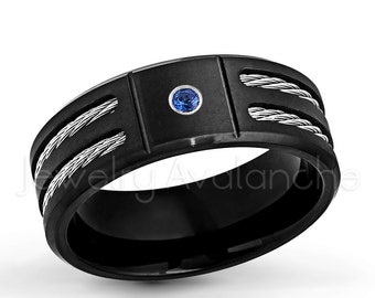 Men's 0.07ctw Blue Sapphire Solitaire Titanium Ring, Brushed Finish Black IP w/ Double Cable Accent Comfort Fit Titanium Band, TM553SP