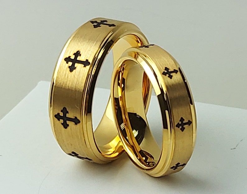 6mm-8mm Yellow Gold IP Tungsten Wedding Rings Bride and Groom Anniversary Rings TN720-719CS Laser Engraved Cross Tungsten Wedding Band Set