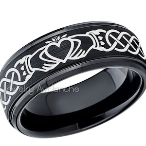 Celtic Claddagh Tungsten Ring, Black Tungsten Wedding Ring, Comfort Fit Tungsten Carbide Ring, Custom Engraving, Anniversary Band