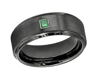 0.05ct - 0.10ctw Princess Cut Emerald May Birthstone Cobalt Ring, Gunmetal Cobalt Wedding Band, Comfort Fit Cobalt Anniversary Band CT616PS