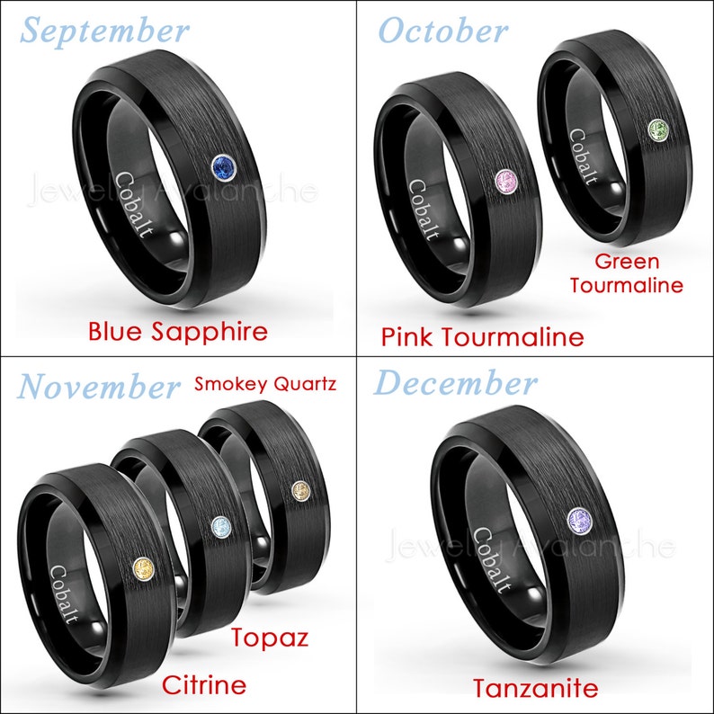 8mm Men/'s Anniversary Ring 0.07ct Topaz Ring Black IP Brushed Finish /& Beveled Edge Cobalt Wedding Band CT414 November Birthstone Ring