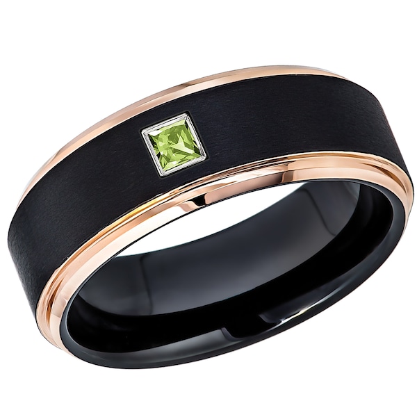 Anillo de peridoto talla princesa de 0,05 ct - 0,10 ct en total - Piedra de nacimiento de agosto, alianza de boda bicolor en negro y oro rosa con cobalto, alianza de aniversario para hombre