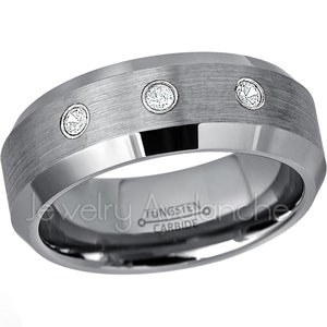 Tungsten April Birthstone Ring, 0.21ctw Diamond 3-Stone Ring, 8mm Brushed Comfort Fit Beveled Edge Tungsten Carbide Wedding Band TN003BS