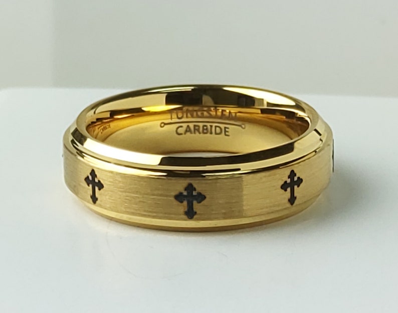 6mm-8mm Yellow Gold IP Tungsten Wedding Rings Bride and Groom Anniversary Rings TN720-719CS Laser Engraved Cross Tungsten Wedding Band Set