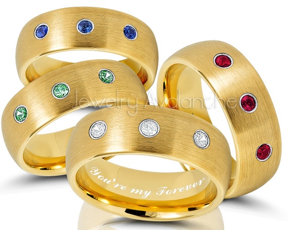 3 stone 0.21ctw Mens Birthstone Ring Brushed Gold IP Dome Tungsten