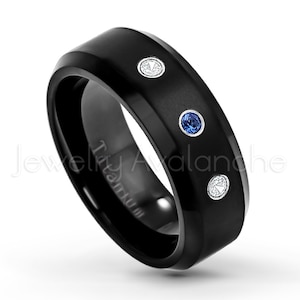 Zwarte titanium ring, 0,21 ctw blauwe saffier en diamanten band met 3 stenen, geboortesteen september, mat comfort fit titanium trouwring TM263