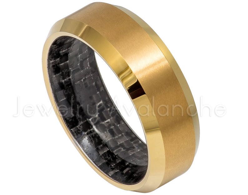Comfort Fit Beveled Tungsten Anniversary Band TN611PL 2-Tone Tungsten Wedding Band Yellow Gold IP Tungsten Ring Inside Carbon Fiber Inlay