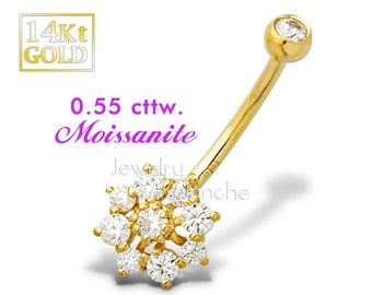 0.55 cttw Moissanite Solid 14Kt Yellow Gold Snowflake Belly Ring, 14G Belly Button Barbell, Screw-on Navel Piercing Jewelry, Body Jewelry