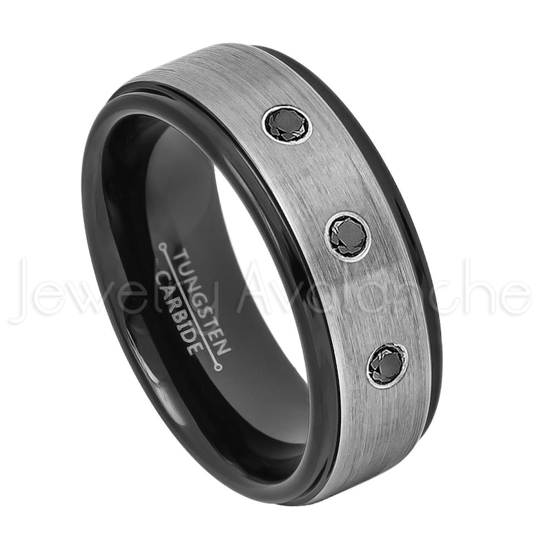 0.21ctw Black Diamond 3-Stone Tungsten Band Brushed Finish Black IP Comfort Fit 2-Tone Tungsten Wedding Ring TN678BS April Birthstone Ring