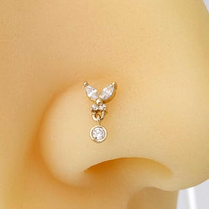 Brinco de nariz borboleta em ouro 14K: pingente CZ, formato L de 20G