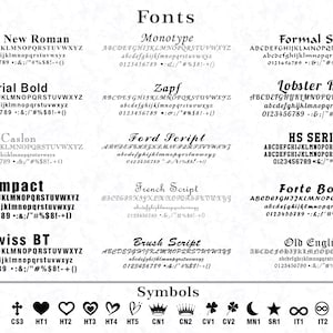 Puede incluir: Una tabla de referencia de fuentes y s&iacute;mbolos en blanco y negro que presenta quince estilos de tipograf&iacute;a distintos, incluidos Times New Roman, Arial Bold, Impact y Old English, junto con una colecci&oacute;n de veintid&oacute;s iconos etiquetados de CS1 a CH2.