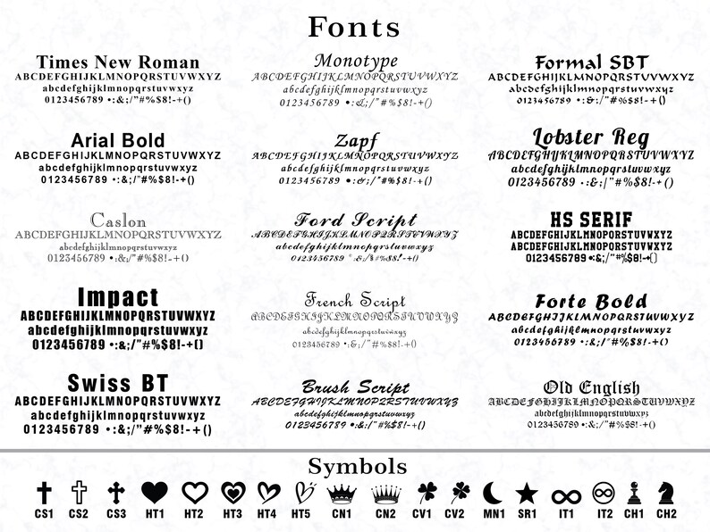 Puede incluir: Una tabla de referencia de fuentes y s&iacute;mbolos en blanco y negro que presenta quince estilos de tipograf&iacute;a distintos, incluidos Times New Roman, Arial Bold, Impact y Old English, junto con una colecci&oacute;n de veintid&oacute;s iconos etiquetados de CS1 a CH2.