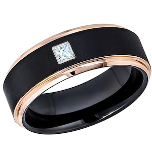 2-Tone Black & Rose Gold Cobalt Wedding Band, 0.05ct - 0.10ctw Princess Cut Aquamarine March Birthstone, Mens Anniversary Ring CT779PPPS