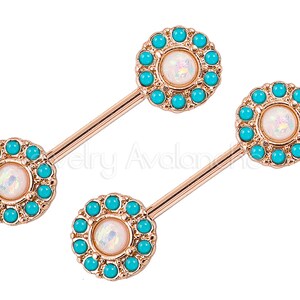 1-Pair 14G Opal Nipple Barbell Ring, Halo CZ Opalite Nipple Jewelry, Nipple Barbell Ring, Screw-on 316L Surgical Steel, Body Jewelry image 7