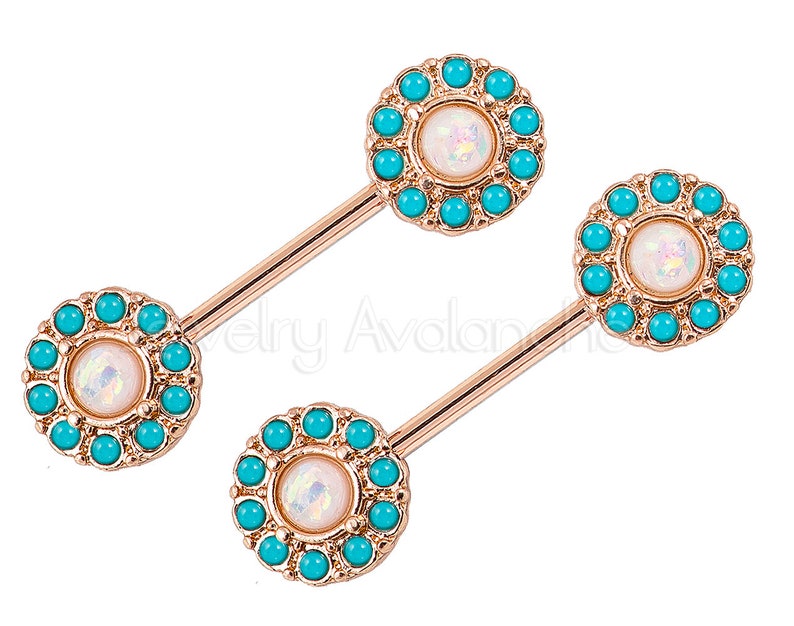 1-Pair 14G Opal Nipple Barbell Ring, Halo CZ Opalite Nipple Jewelry, Nipple Barbell Ring, Screw-on 316L Surgical Steel, Body Jewelry image 7