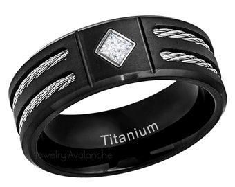 0.05ct - 0.10ctw Princess Cut Diamond Titanium Ring, Double Cable Accent Black Titanium Mens Wedding Band, Father's Day Gift TM553PD