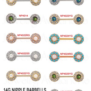 1-Pair 14G Opal Nipple Barbell Ring, Halo CZ Opalite Nipple Jewelry, Nipple Barbell Ring, Screw-on 316L Surgical Steel, Body Jewelry image 1