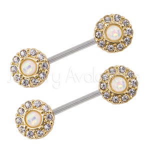 1-Pair 14G Opal Nipple Barbell Ring, Halo CZ Opalite Nipple Jewelry, Nipple Barbell Ring, Screw-on 316L Surgical Steel, Body Jewelry image 4