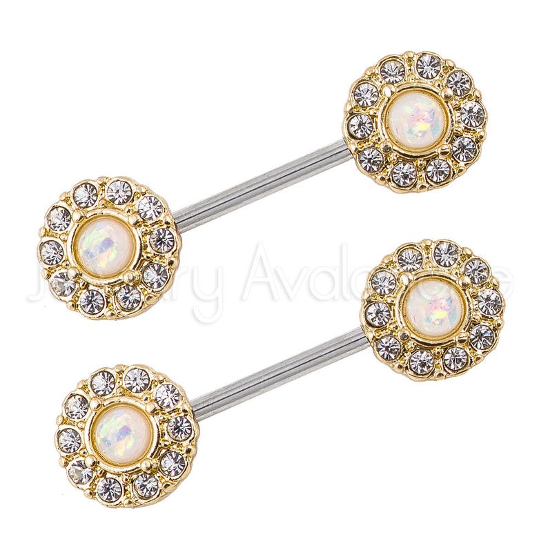 1-Pair 14G Opal Nipple Barbell Ring, Halo CZ Opalite Nipple Jewelry, Nipple Barbell Ring, Screw-on 316L Surgical Steel, Body Jewelry image 4