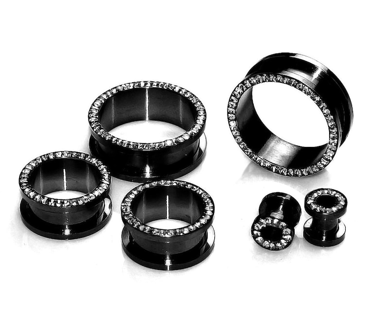 Screw-on Titanium-Anodized Black Surgical Steel Ear Tunnel Plugs with Clear Silicone Coated CZ Halo,Ear Lobe Piercing Jewelry,Body Jewlery
