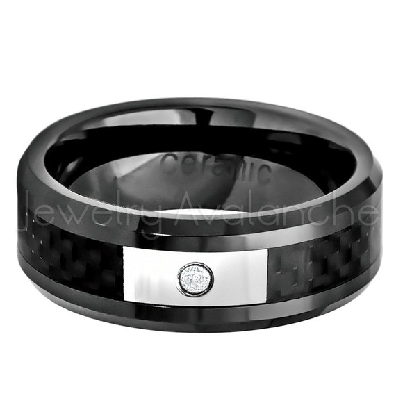8mm Polished Comfort Fit Beveled Edge Black Ceramic Wedding Band with Forest Floor Foliage Camouflage Inlay 0.07ct Black Diamond Solitaire Ring