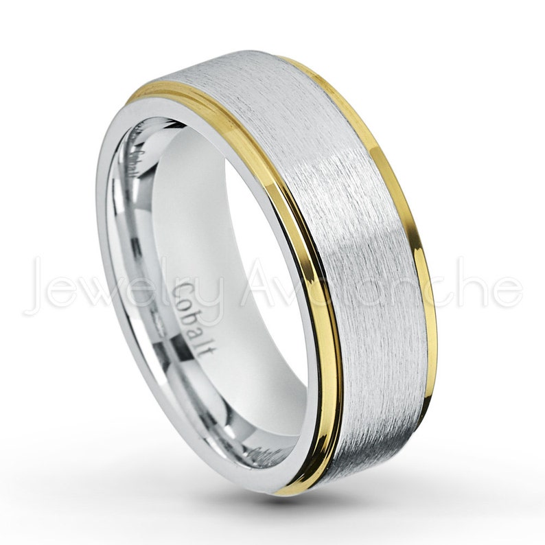 His or Her Anniversary Ring CT422 Yellow Gold IP Stepped Edge Brushed Finish Comfort Fit Cobalt Chrome Band 2-Tone Cobalt Wedding Ring