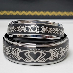 Claddagh Tungsten Wedding Band Set, 6mm-8mm 2-Tone Black Tungsten Wedding Rings, Women Men Claddagh Ring