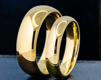 Alliance confort dôme en tungstène, 5 mm - 7 mm finition polie, bague en carbure de tungstène plaquée or jaune, alliance anniversaire