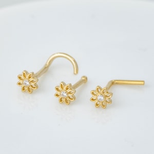 20G Solid 14K Gold Sunflower Nose Stud CZ Accented Nose Ring, L-Bend, Ball-end, Nose Screw Nose Stud, Nose Piercing Jewelry, Nose Pin
