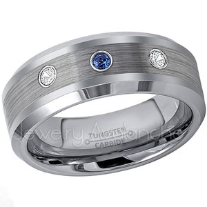 Gepersonaliseerde herenring blauwe saffier en diamant, wolfraamcarbide trouwring, 3-stenen ring, comfortabele pasvorm, verlovingsband, jubileumring