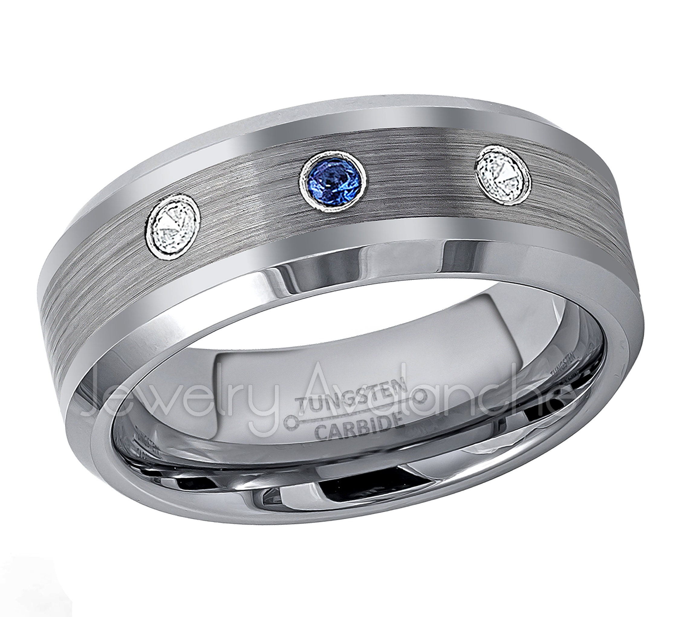 September Birthstone Ring 8MM Polished Dome Brushed Center Finish Comfort Fit White Wedding Band 0.07ct Blue Sapphire Solitaire Titanium Ring 