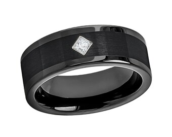 Custom-order Pipe Cut Black Cobalt Ring 0.10ctw Princess Cut Diamond Cobalt Brushed Wedding Band, Men&#39;s Cobalt Anniversary Band Comfort Fit