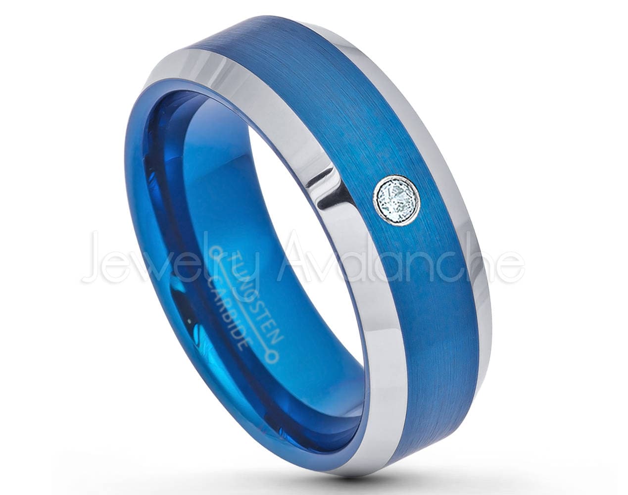 March Birthstone Ring 6MM Polished Dome Brushed Center Finish Comfort Fit White Wedding Band 0.07ct Aquamarine Titanium Ring
