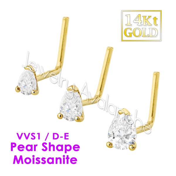 Solid 14k Gold L-Shape Nose Stud with Pear-shape Moissanite, 22G L-bend Nose Ring Stud, V-prong Tear-drop Gemstone Accent